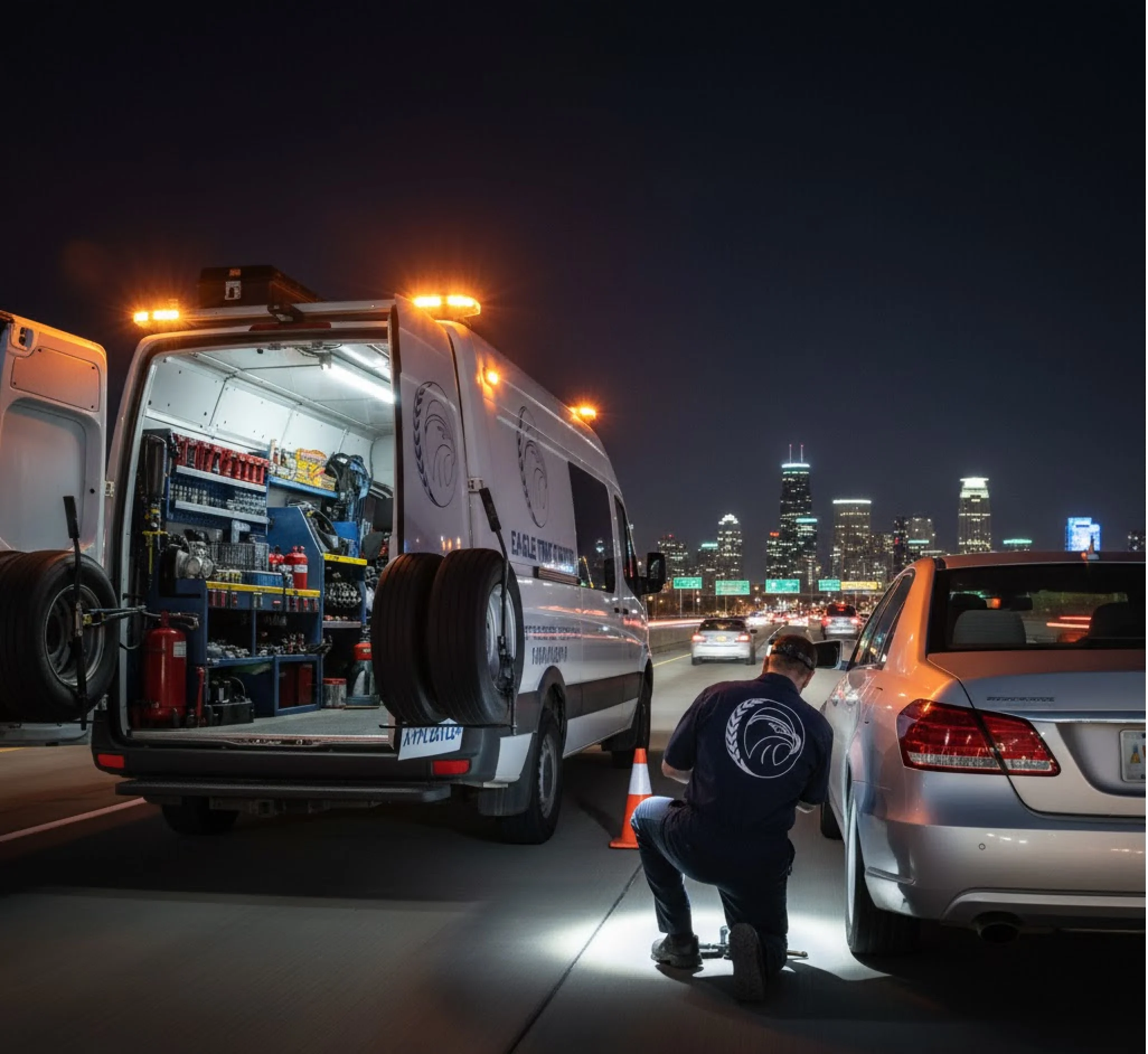 Technician performing mobile tire service on a highway